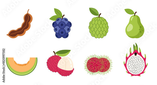 Assortment of vibrant illustrated fruits on white background for various uses