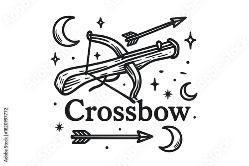Black and white drawing of a crossbow with arrows and stars