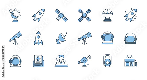 Astronomy and space exploration icon set rockets satellites and telescopes