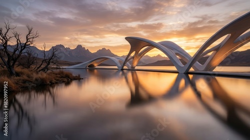 A bridge over water with mountains in the background during a beautiful sunset sky reflection view