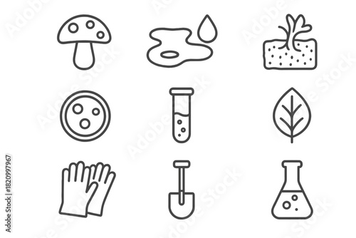 Fungal Cleanup Icons. Line style icons of Fungal Cleanup: Fungi, Oil Spill, Toxin Absorption, Land Restoration; Petri Dish, Test