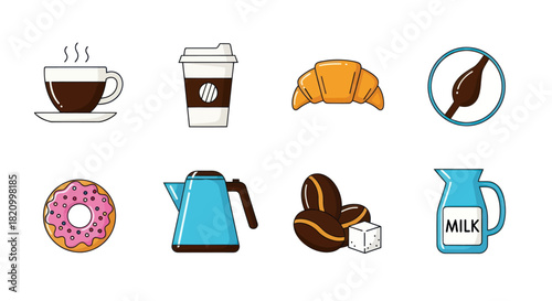 Breakfast and coffee set vector illustrations of food and beverages