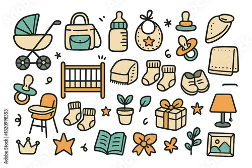 Collection of baby items including a crib, stroller, and a book