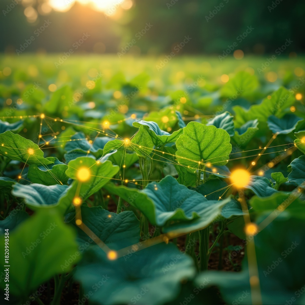 Naklejka premium Green soybean field with glowing digital network overlay. Precision agriculture tech enhances crop growth. Smart farming uses data for better yields. Future farming is connected.