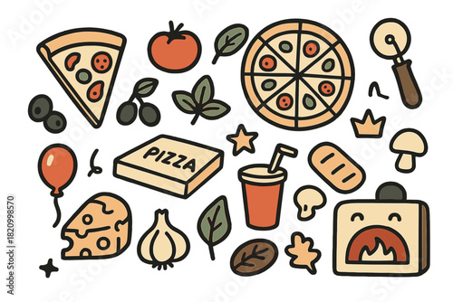 Cartoon drawing of various pizza items and drinks