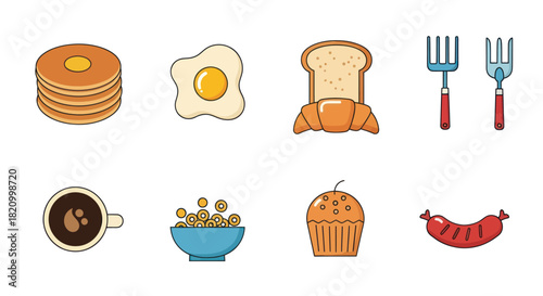 Breakfast food items assortment isolated on white background flat design