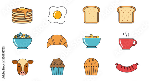 Breakfast food icons pancakes eggs toast cereal croissant coffee and more