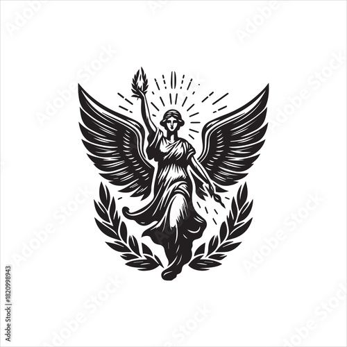 Victorious winged woman with torch and laurel wreath vector logo illustration, an emblem of strength and freedom