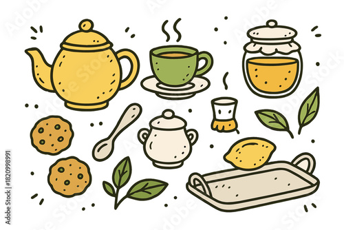 Collection of cartoon images of tea and coffee items, including a teapot