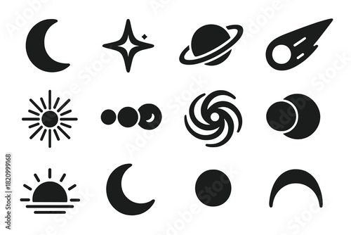 Celestial Icon Set. Solid style icons of Celestial Objects: crescent moon, glowing star, planet with ring, shooting comet,