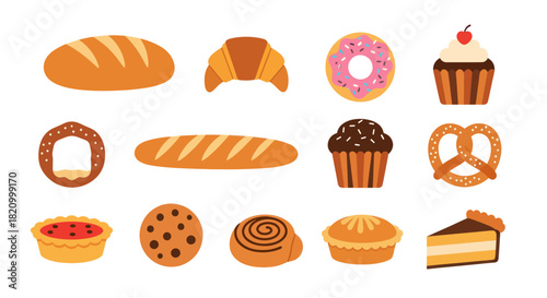 Assorted baked goods collection bread pastries and desserts isolated