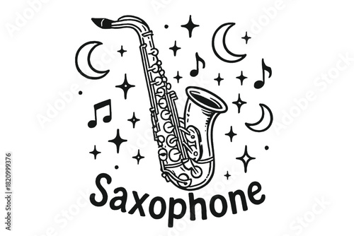 Saxophone is the main focus of the image, with stars