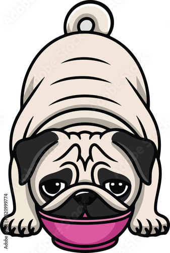 Cute pug dog eating from a pink bowl.