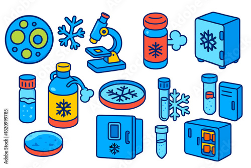 Cryobiology Icons. Isometric vector illustration set Cryobiology: frozen cell model, dendritic ice crystal, optical microscope,