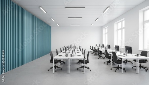 A spacious office area with rows of desks chairs and computers under bright lighting fixtures