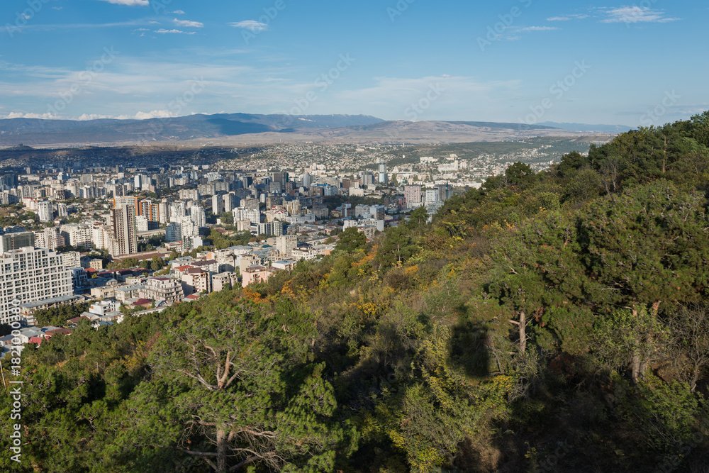 Fototapeta premium Scenic Aerial View Of Tbilisi Cityscape From Green Hillside
