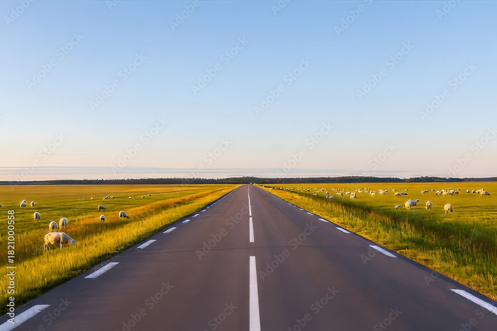 Naklejka premium Rural Road with Grazing Sheep under Golden Hour Sunlight