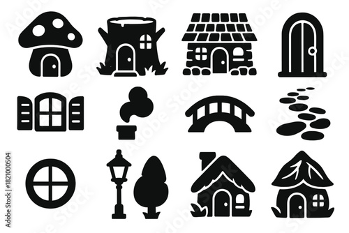 Gnome House Icons. Solid style icons of Gnome Houses: mushroom house, tree stump home, stone cottage, wooden door, window with