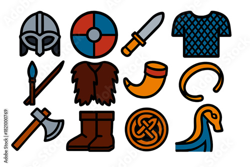 Viking Armor Icons. Flat vector icons of Viking Armor: iron helmet, round shield, seax blade, chainmail shirt, wooden spear, fur