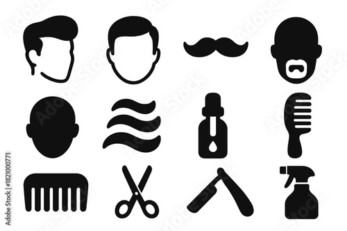 Retro Hair Icons. Solid style icons of Retro Hairstyles: Pompadour, Side Part, Mustache, Beard, Shaved Head, Waves, Hair Oil,