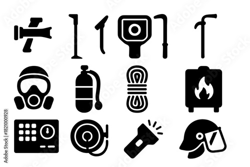 Firefighting Tools Icons. Solid style icons of Firefighting tools and equipment: nozzle, halligan bar, thermal camera, pike pole,