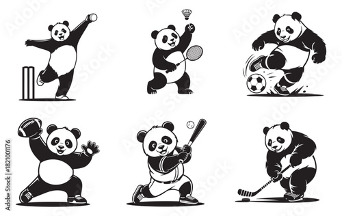 Cute Sports Panda Silhouette Set, Athletic Panda Mascot Vector Art.