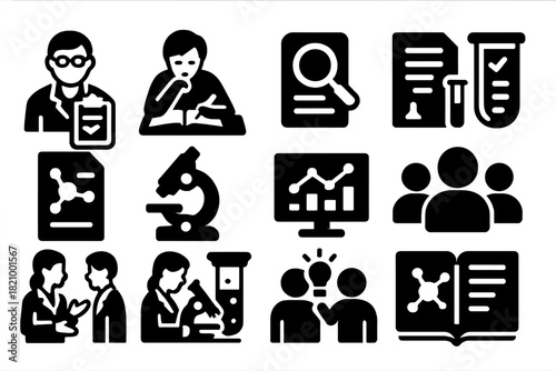 Science Research Icons. Solid style icons of Research: scientist with clipboard, researcher at desk, magnifying glass document,