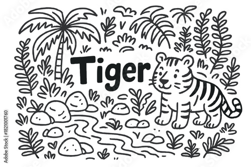 Drawing of a tiger in a jungle with the word tiger written in the background