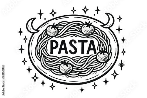 Black and white drawing of pasta with tomatoes and a star