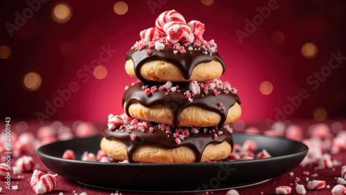Delicious chocolate donuts topped with crushed peppermint and festive candy, creating delightful holiday treat