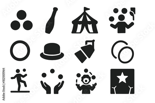 Circus Juggling Icons. Solid style icons of Juggling: three juggling balls, juggling pin, circus tent, stage performance, juggling