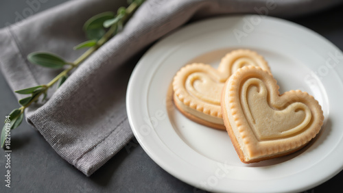 Delicious heart shaped cookies on white plate, surrounded by soft gray napkin and sprig of greenery, evoke cozy atmosphere