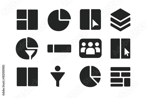 Segmentation Icons. Solid style icons of segmentation and separation: divided blocks, chart with segments, split view icon,