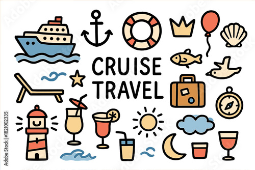 Collection of cartoon images of various things related to cruise travel