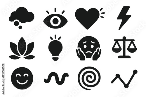 Mental State Icons. Solid style icons of mental states: dreaming cloud, focused eye, emotional heart, stress lightning, relaxed