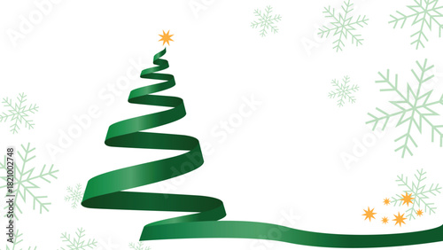 Elegant Christmas tree formed by a green ribbon with snowflakes softly falling on a white backdrop celebrates winter holidays with festive cheer
