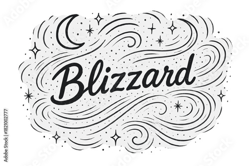 Black and white drawing of a windy night with a moon and stars