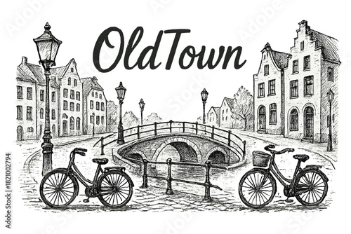 Old Town is a black and white drawing of a city with a bridge and two bicycles