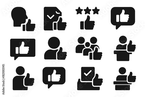 Feedback Icons Collection. Solid style icons of Feedback: customer thumbs up, survey approval, rating stars with thumb, review