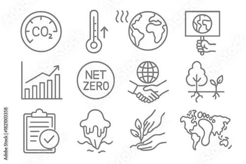 Climate Action Icons. Line style round icons of climate action: CO2 meter, temperature rise, global warming icon, climate protest;
