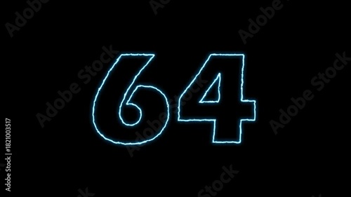 Glowing Number 64 Animation on Black Background.