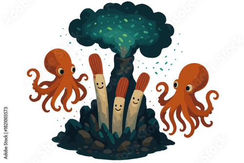 Deep-Sea Wonders. Deep-sea hydrothermal vent with smiling tube worms, glowing bacteria clouds, and curious octopus visitors No