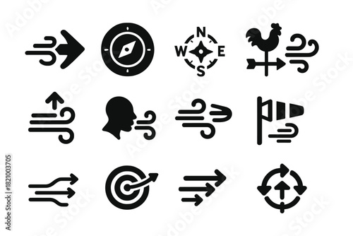 Wind Icons Collection. Solid style icons of wind direction and compass: arrow with gust, wind compass icon, N-S-E-W with gust,