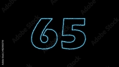 Glowing Number 65 Animation on Black Background.