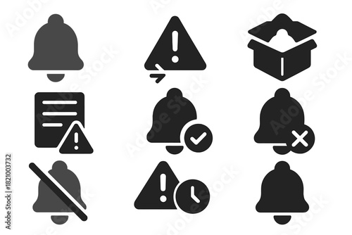 Notification Icon Styles. Solid style icons of missed or archived notifications: faded bell, missed alert icon, archived