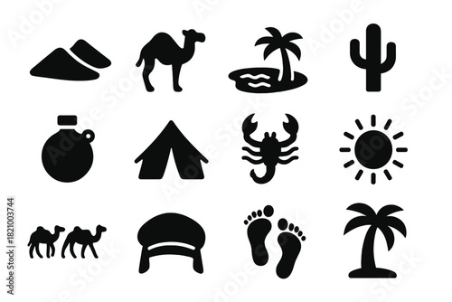Desert Travel Icons. Solid style icons of Desert Journey: Sand Dune, Camel, Oasis, Cactus, Water Flask, Desert Tent, Scorpion, Sun