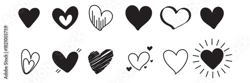 Hand drawn heart icons set, love and romance doodles vector design on transparent background. Black Color Set Icon. EPS 10.