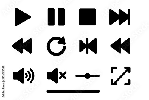Media Playback Icons. Solid style icons of media playback: play button, pause icon, stop button, rewind arrow, fast forward, loop