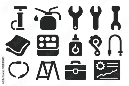 Bike Maintenance Icons. Solid style icons of Bike Maintenance: tire pump, oil can, wrench, spoke tool, rag cloth, repair kit,