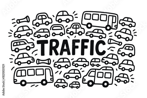 Drawing of many cars and a bus with the word "traffic" written in the middle